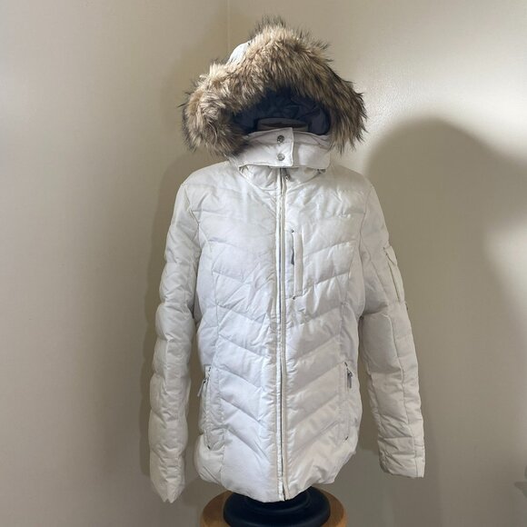 White "Eddie Bauer" Down jacket, removable hood with faux fur trim - Picture 7 of 16